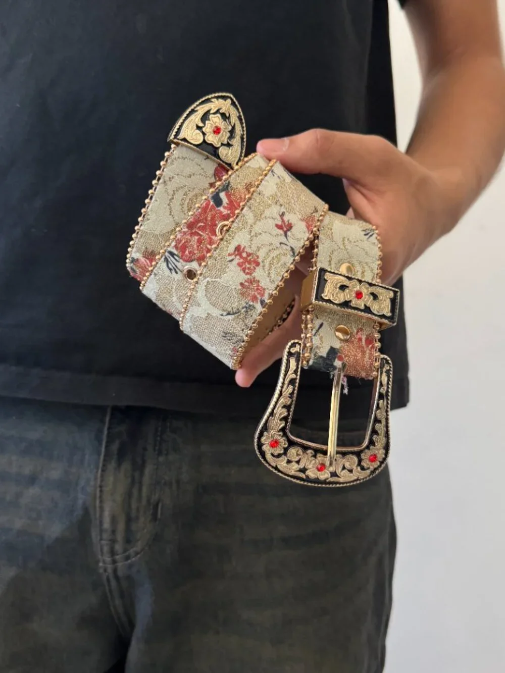 Cream Floral Jacquard Ornate Western Buckle Belt